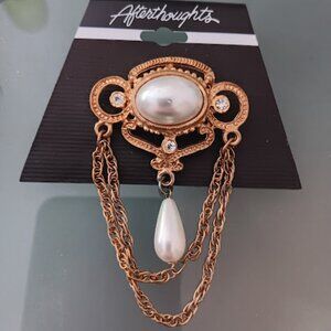 AFTERTHOUGHTS 1980's Medieval Design Gold Chains Crystal Pearl Brooch Pin**NEW!